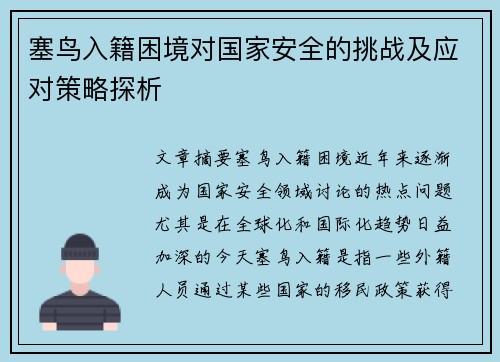 塞鸟入籍困境对国家安全的挑战及应对策略探析