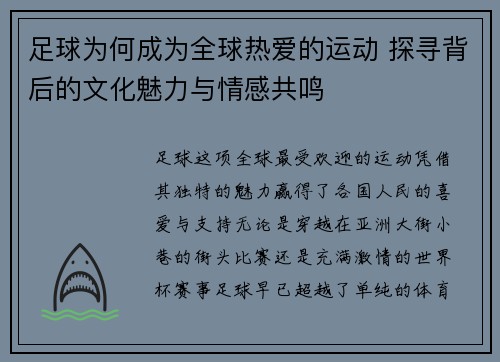 足球为何成为全球热爱的运动 探寻背后的文化魅力与情感共鸣